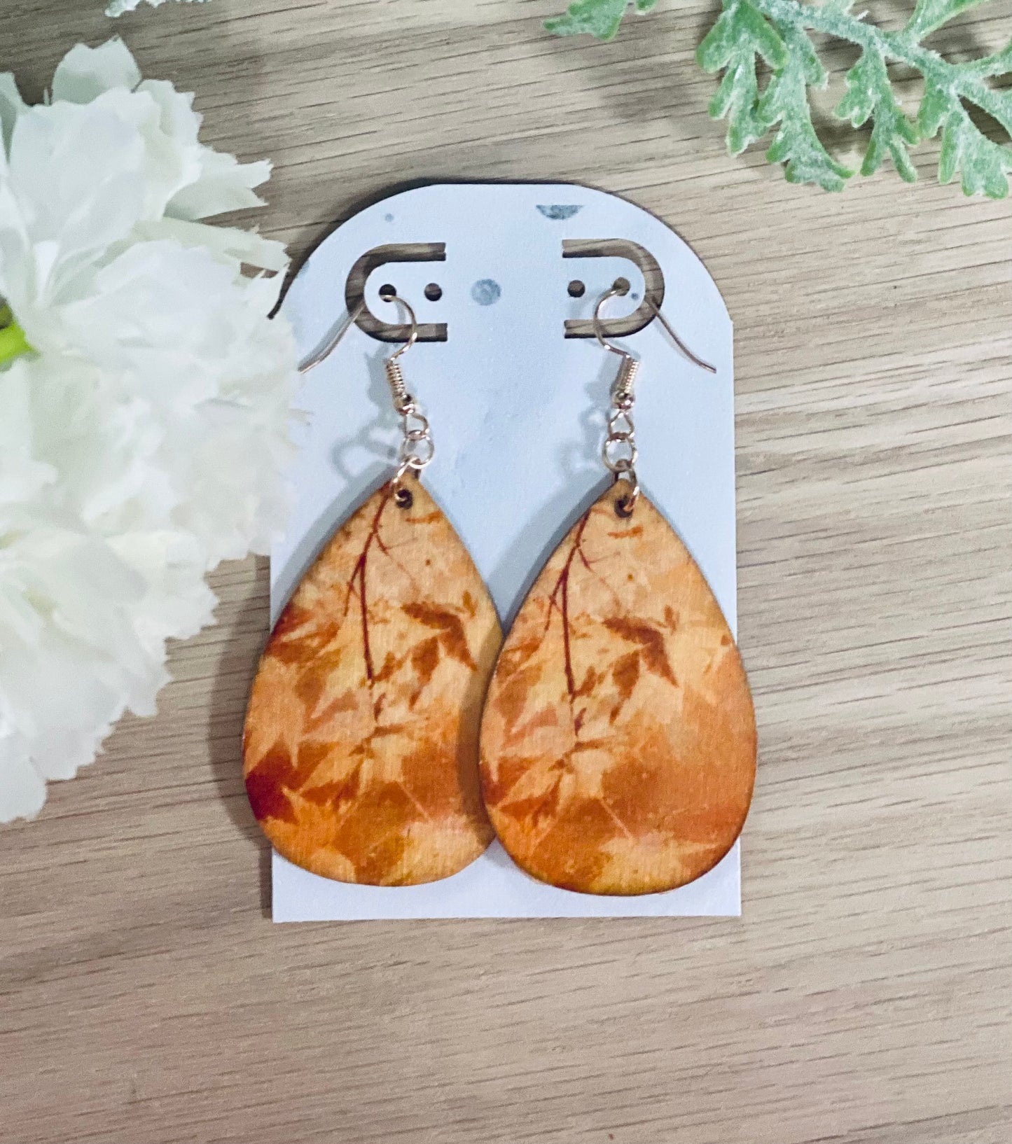 Orange Leaves Wooden Earrings