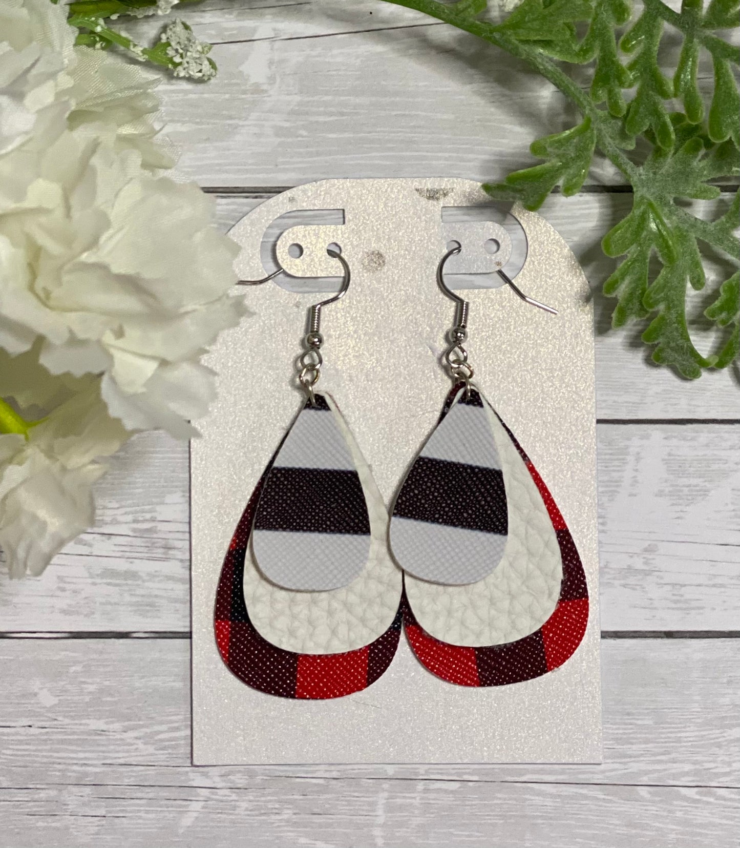 Triple Layer Buffalo Plaid-White-Striped Leather Earrigns