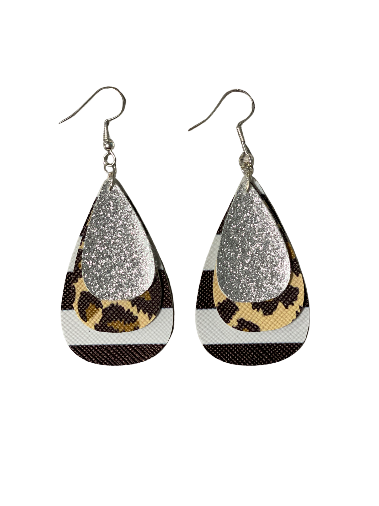 Triple Layer Strips-Animal Print-Silver Leather Earrings