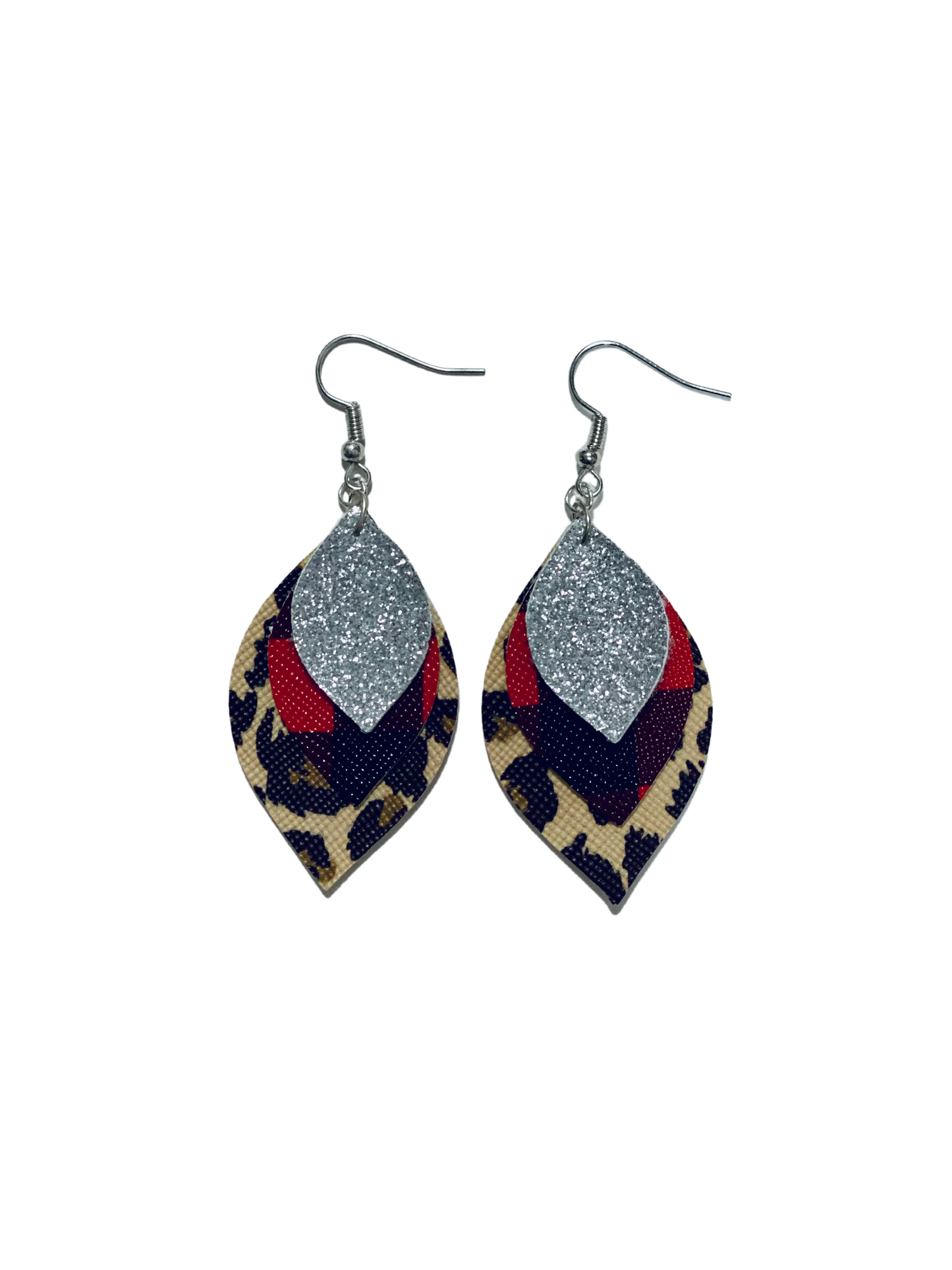 Triple Layer Leopard-Buffalo Plaid-Silver Leather Earrings
