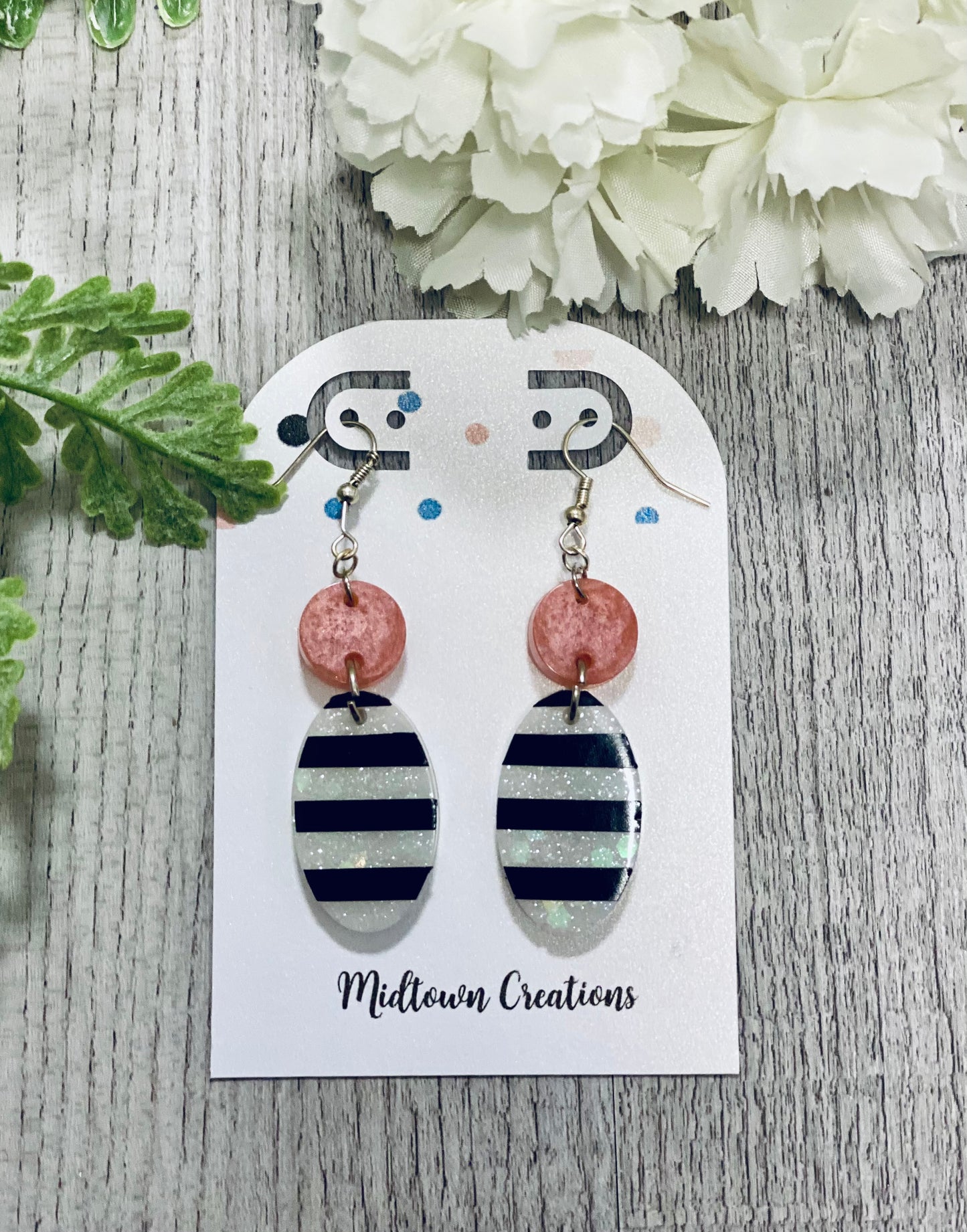 Rose Gold and Stripes Resin Dangle Earrings