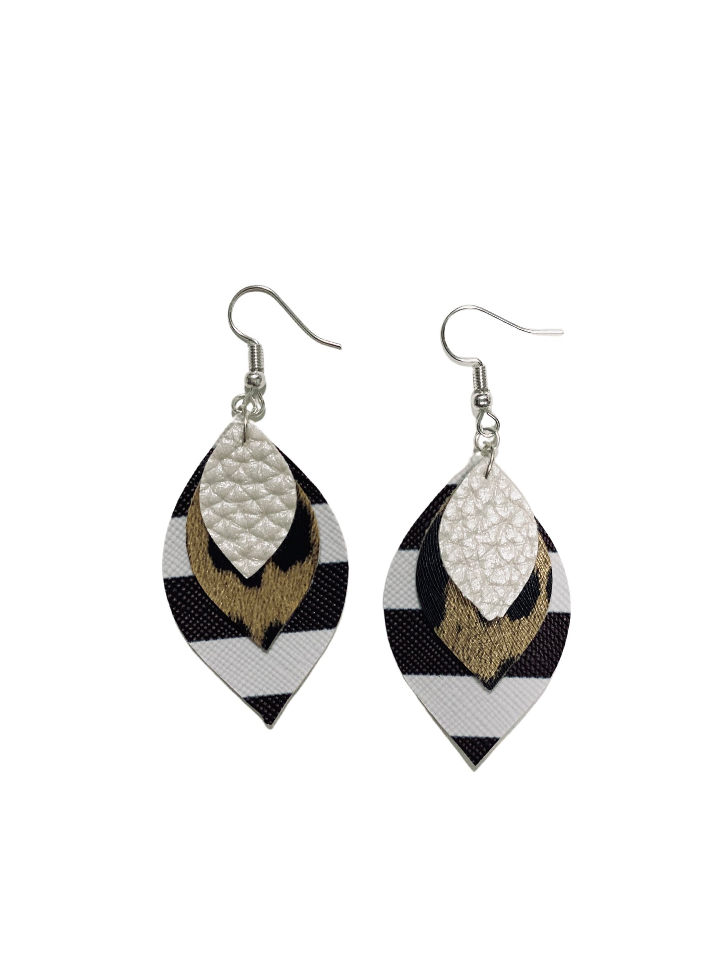 Triple Layer Stripes-Animal Print-White Leather Earrings