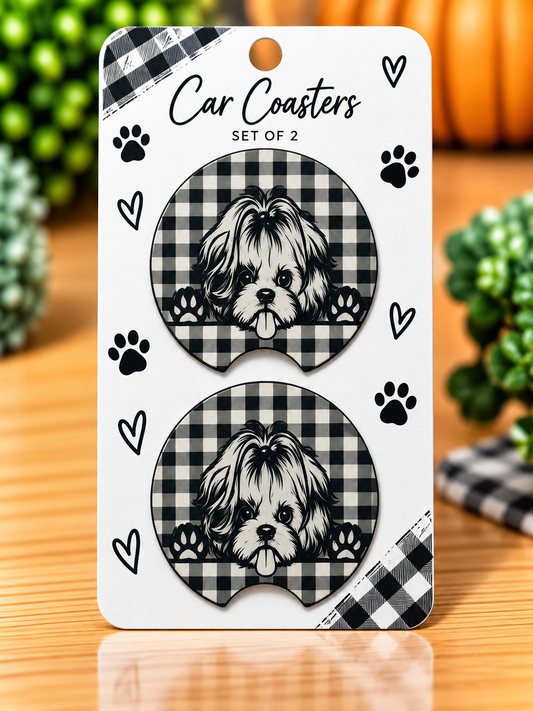 Cute Puppy Buffalo Plaid Coaster Set