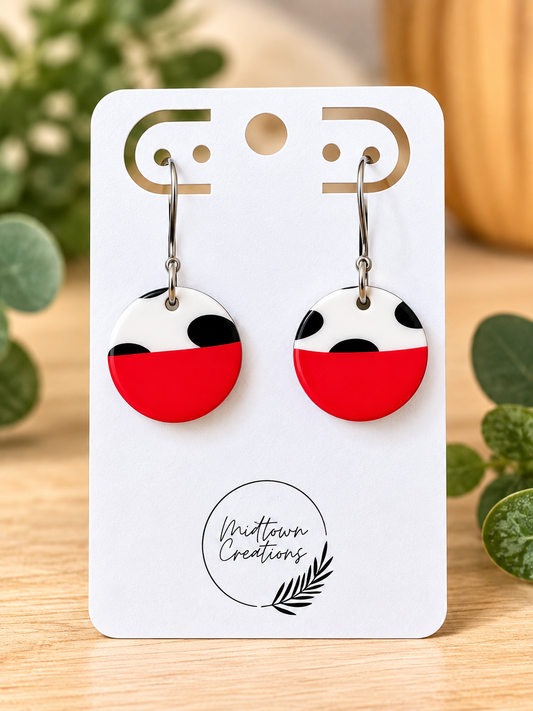 Polka Dot and Red  Wooden Earrings
