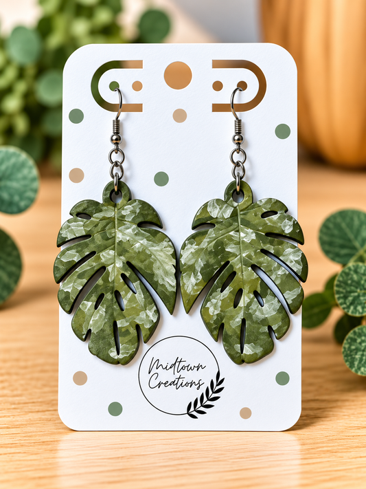 Monstera Leaf Wooden Earrings