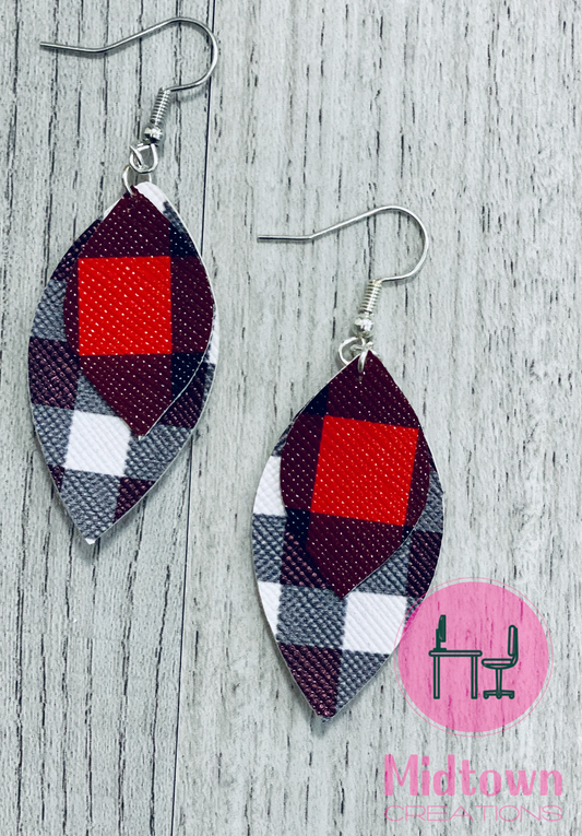 Double Layer Black and White Plaid-Red and Black Plaid Earrings