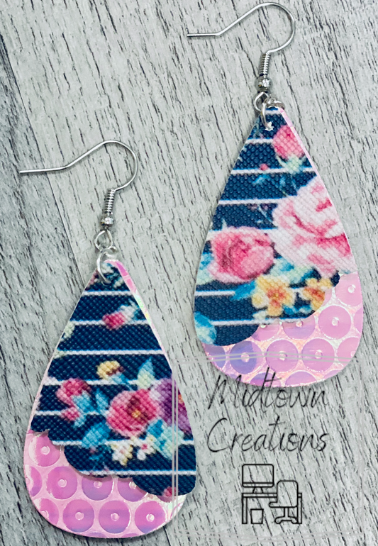 Double Layer Striped Navy Floral-Pink Drop Earrings