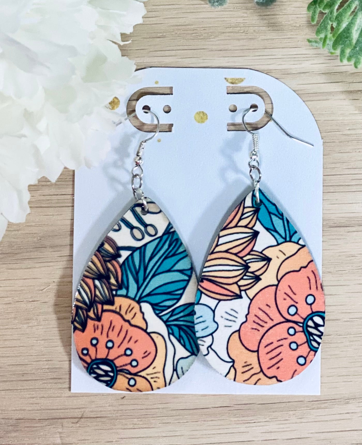 Coral Botanical Wooden Earrings