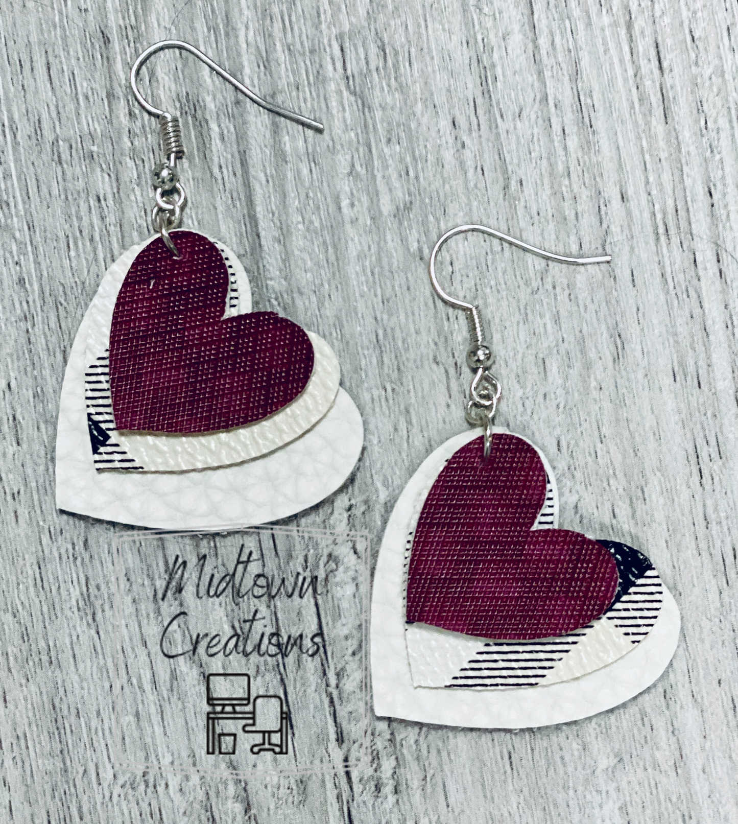 Triple Layer Hearts White- Plaid-Heart Leather Earrings