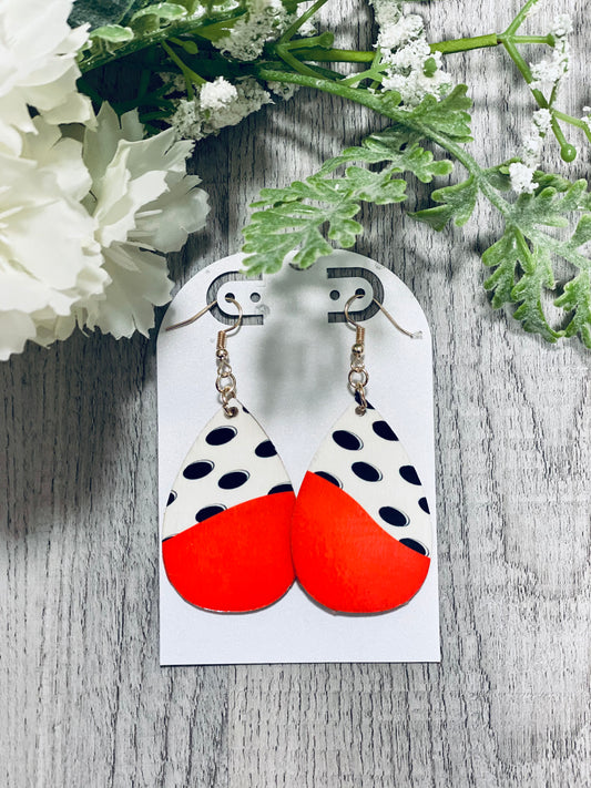 Polka Dit and Red Wooden Earrings