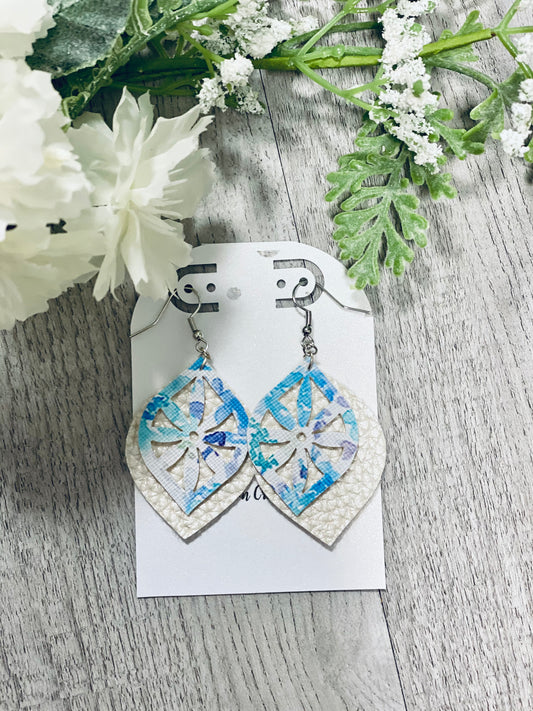 Double Layer White-Floral Leather Earrings