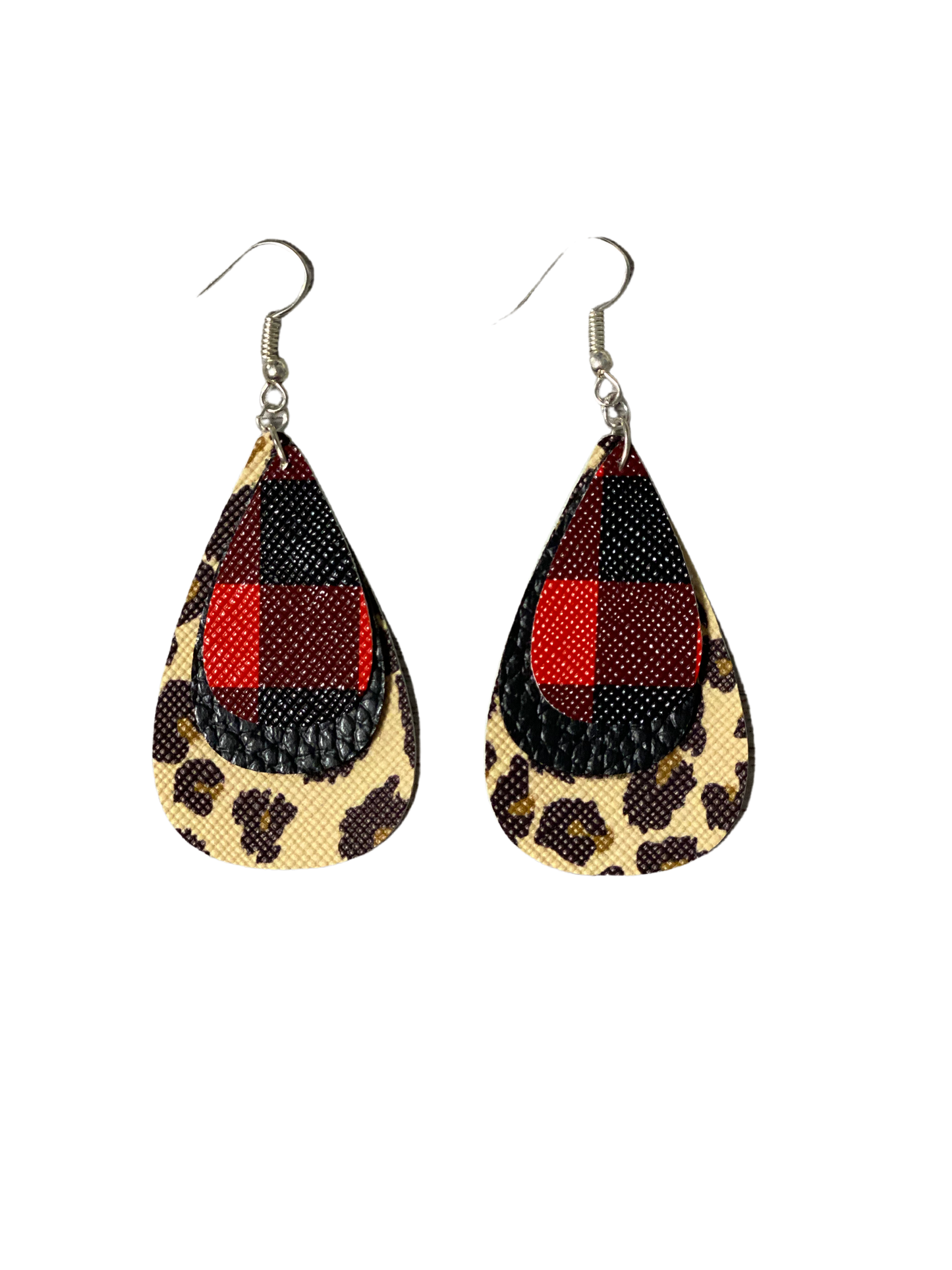Triple Layer Leopard-Black-Buffalo Plaid Leather Earrings