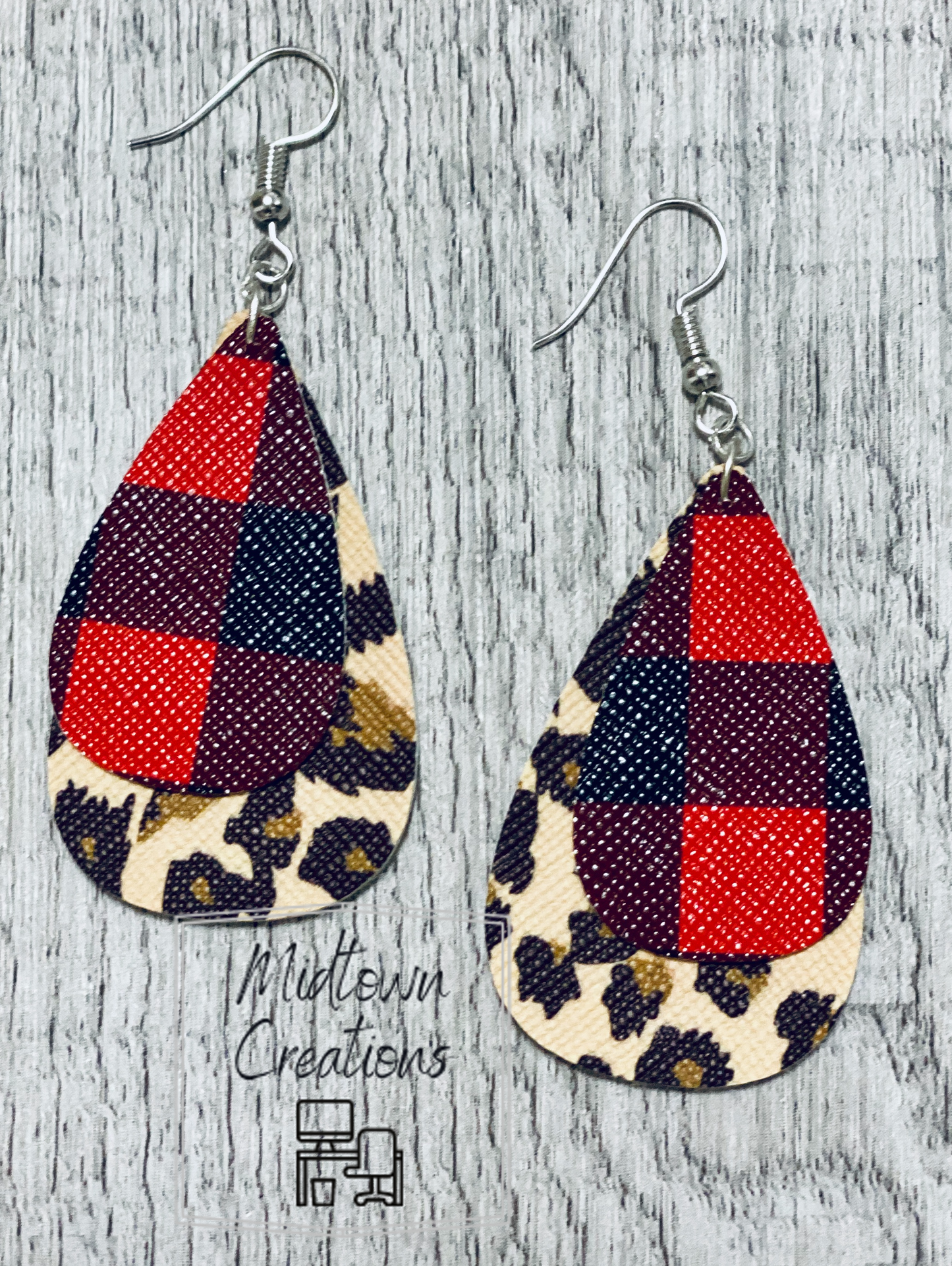 Double Layer Plaid-Animal Print Leather Earrings