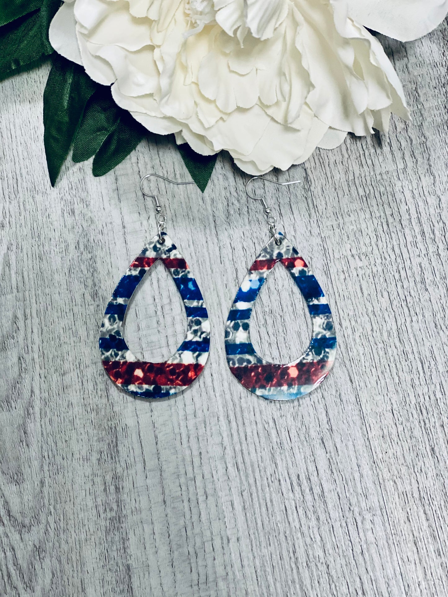 Red White and Blue Wooden Earrings