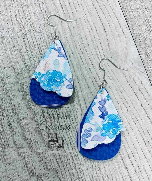 Double Layer Blue-Floral Leather Earrings